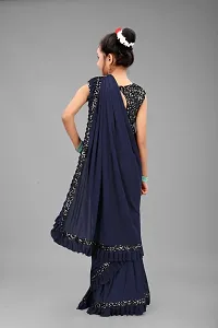 Elgant Navy Blue Poly Silk Ruffle Border Saree with Separate Blouse Piece For Girls-thumb1