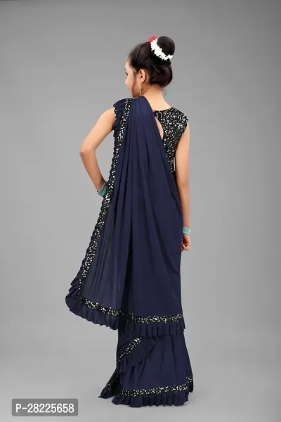 Elgant Navy Blue Poly Silk Ruffle Border Saree with Separate Blouse Piece For Girls-thumb2