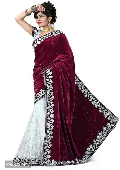 Stylish Maroon Velvet Ethnic Motif Saree With Blouse Piece For Women-thumb0