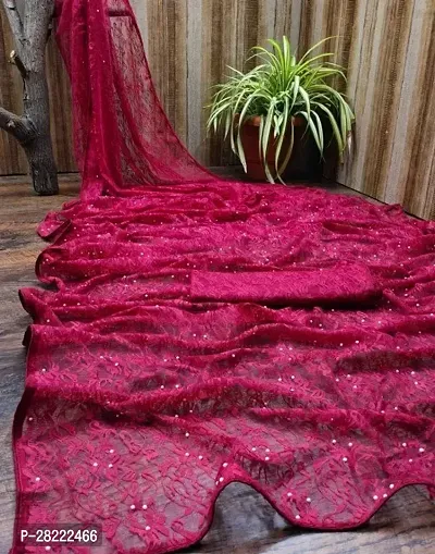 Stylish Maroon Net Floral Saree With Blouse Piece For Women-thumb0