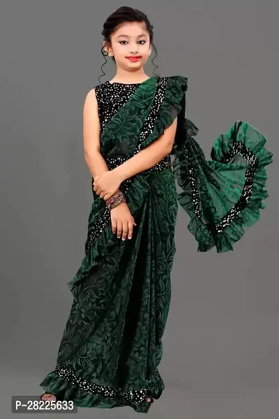 Elgant Green Silk Blend Ruffle Border Saree with Separate Blouse Piece For Girls