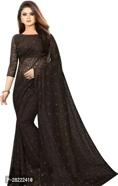 Stylish Brown Net Floral Saree With Blouse Piece For Women