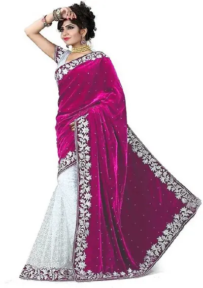 Velvet Embellished Saree With Blouse Piece