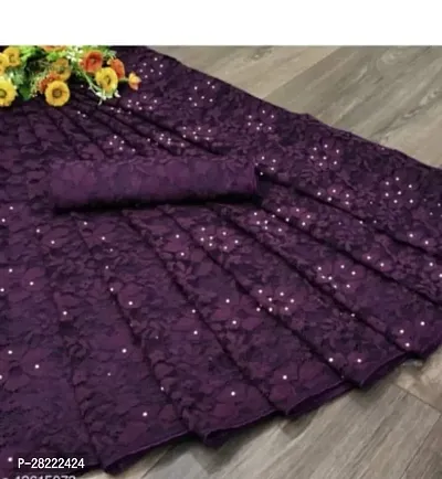 Stylish Purple Net Floral Saree With Blouse Piece For Women