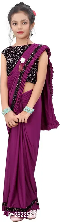 Elgant Purple Poly Silk Ruffle Border Saree with Separate Blouse Piece For Girls-thumb0