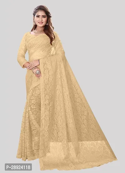 Stylish Net Cream Solid Saree with Blouse piece