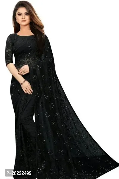 Stylish Black Net Floral Saree With Blouse Piece For Women-thumb0