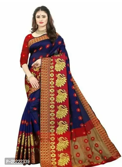 Stylish Blue Cotton Woven Design Saree With Blouse Piece For Women-thumb0