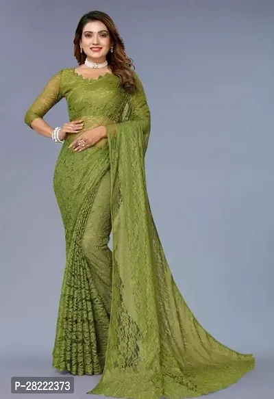 Stylish Green Net Solid Saree With Blouse Piece For Women-thumb0