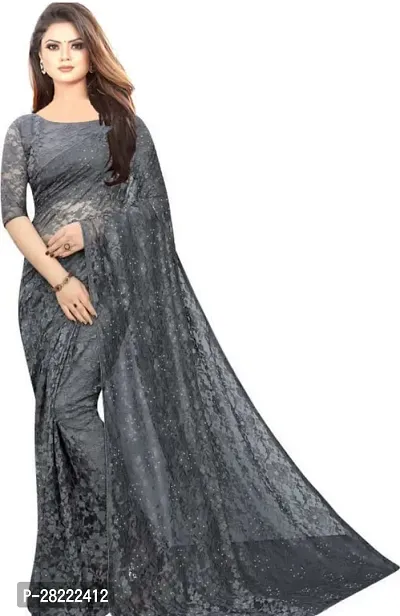 Stylish Grey Net Floral Saree With Blouse Piece For Women