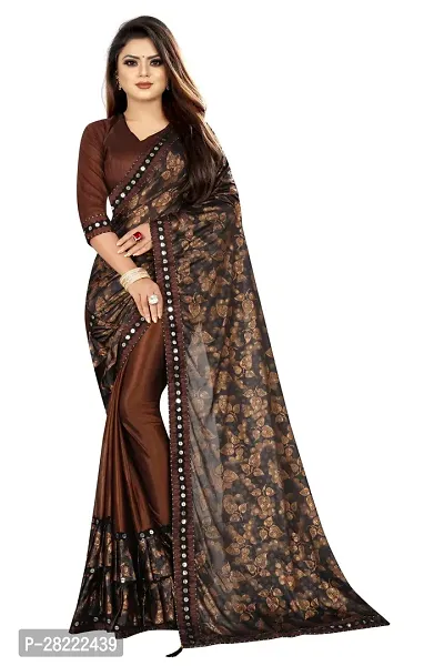 Stylish Brown Cotton Blend Floral Saree With Blouse Piece For Women-thumb0