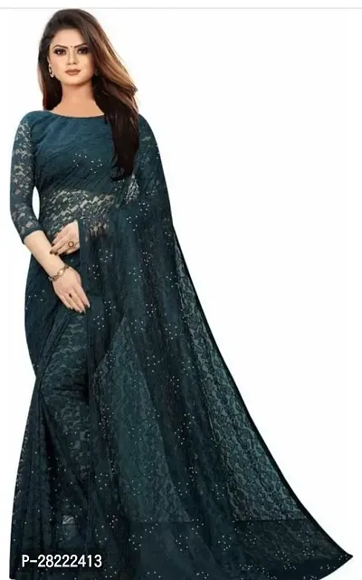 Stylish Teal Net Floral Saree With Blouse Piece For Women