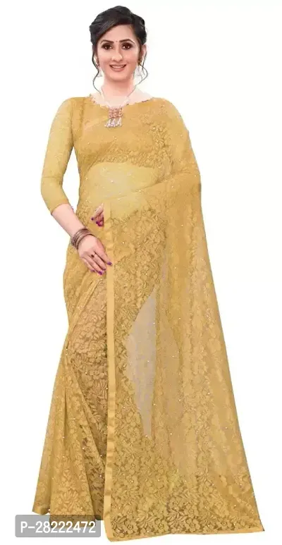 Stylish Cream Net Floral Saree With Blouse Piece For Women-thumb0