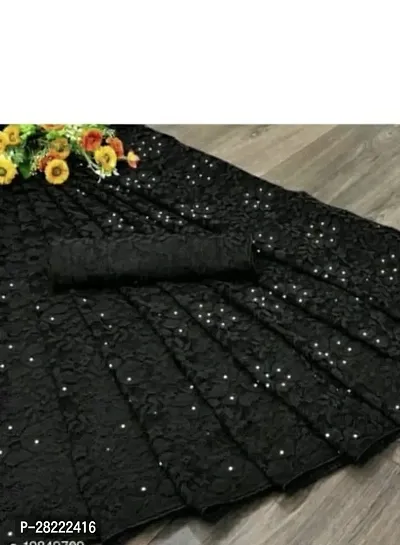 Stylish Black Net Floral Saree With Blouse Piece For Women