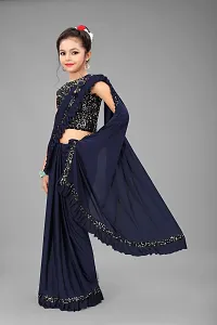 Elgant Navy Blue Poly Silk Ruffle Border Saree with Separate Blouse Piece For Girls-thumb2