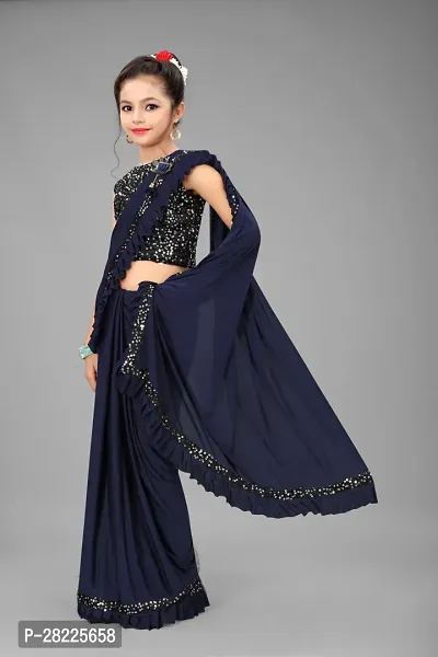 Elgant Navy Blue Poly Silk Ruffle Border Saree with Separate Blouse Piece For Girls-thumb3