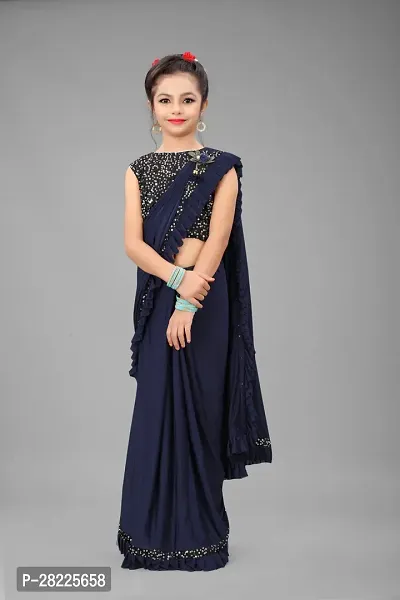 Elgant Navy Blue Poly Silk Ruffle Border Saree with Separate Blouse Piece For Girls-thumb0