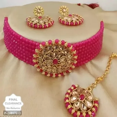 Classy Choker Necklace Earring Jewellery Set with Maangtikka Jewellery Set for Women-thumb0