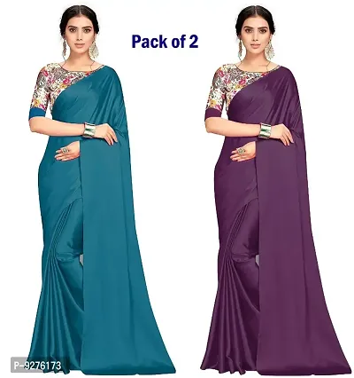 Classic Satin Solid Saree with Blouse piece, Pack of 2-thumb0