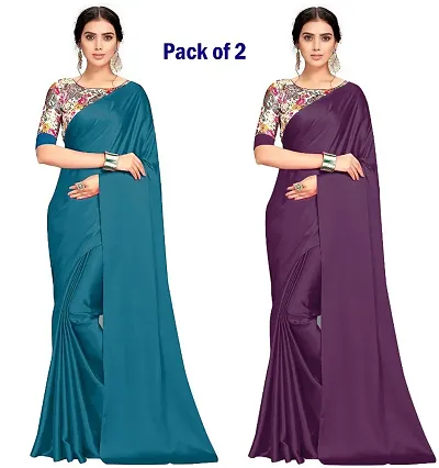 Classic Satin Solid Saree with Blouse piece, Pack of 2