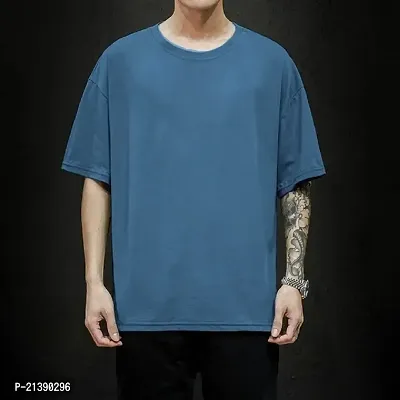 Reliable Blue Cotton Blend Solid Round Neck Tees For Men