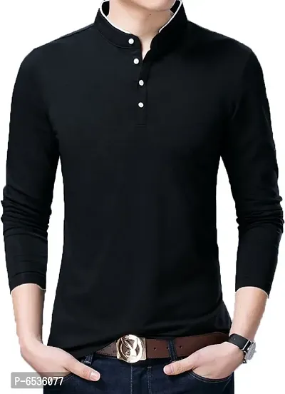 Reliable Black Cotton Blend Solid Henley Tees For Men And Boys-thumb0