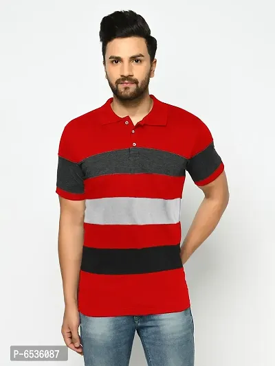 Reliable Red Cotton Blend Colourblocked Polos For Men-thumb0