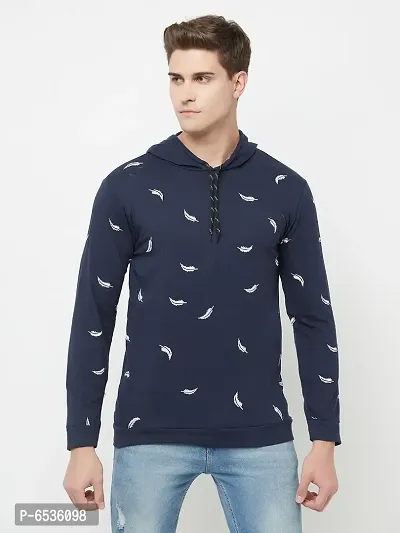 Reliable Navy Blue Cotton Blend Printed Hooded Tees For Men And Boys