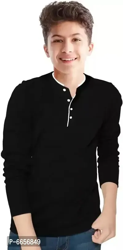 Stylish Cotton Blend Black Solid Henley Neck Long Sleeves T-shirt For Boys