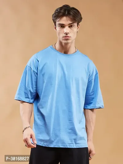 Reliable Blue Cotton Blend Printed Round Neck OverSized T-Shirt For Men-thumb2