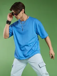 Reliable Blue Cotton Blend Printed Round Neck OverSized T-Shirt For Men-thumb3