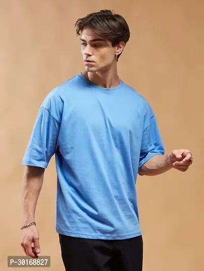 Reliable Blue Cotton Blend Printed Round Neck OverSized T-Shirt For Men-thumb3