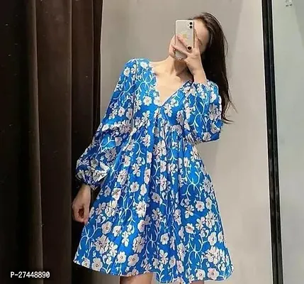 Stylish Blue Rayon Printed Dress For Women-thumb0