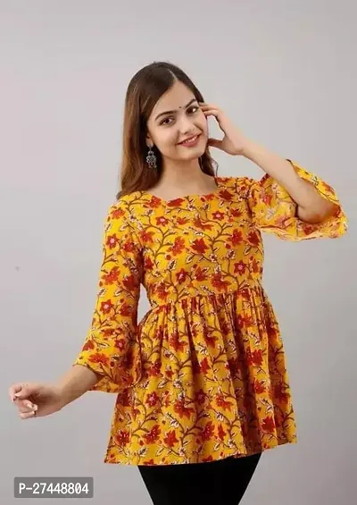 Stylish Yellow Cotton Printed Tunic For Women