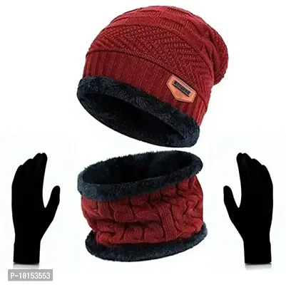 Stylish Unisex Beanie Cap Scarf And Wollen Gloves-thumb0