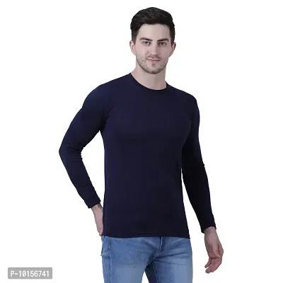 Reliable Navy Blue Polyester Solid Round Neck Tees For Men-thumb3