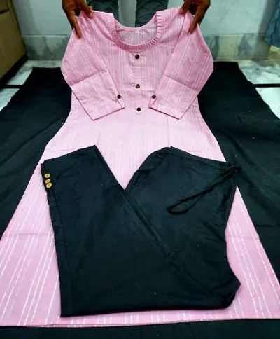 Beautiful Pink Khadi Cotton Kurta Pant Set For Women
