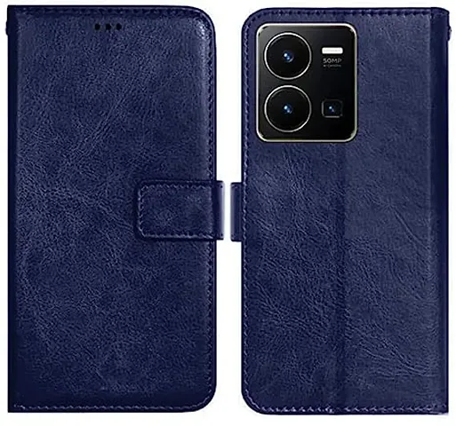 Cloudza Vivo Y35 Flip Back Cover | PU Leather Flip Cover Wallet Case with TPU Silicone Case Back Cover for Vivo Y35 Blue