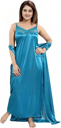 Womens solid satin 6 piece nighty set (Sky blue)-thumb2