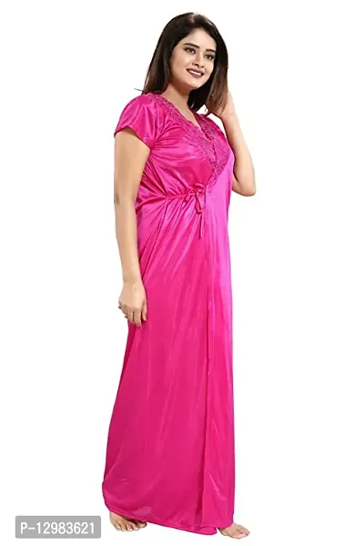 Womens solid satin 6 piece nighty set (Pink)-thumb2