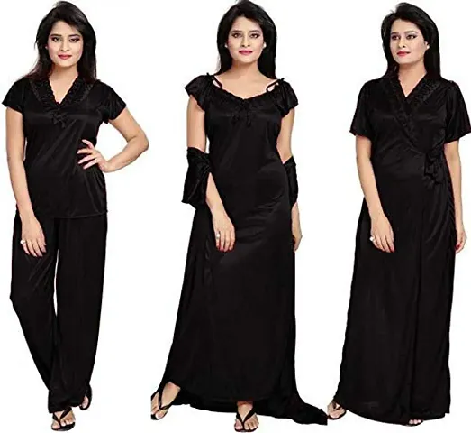 Beautiful 4 PCS Set Satin Maxi Night Dress Night Suits Nighty for Women (MX_Dress_Model_40)