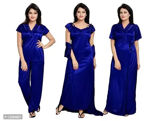 Womens solid Satin nighty set of 4 piece (Blue)-thumb0