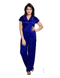 Womens solid Satin nighty set of 4 piece (Blue)-thumb1