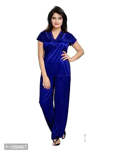 Womens solid Satin nighty set of 4 piece (Blue)-thumb2