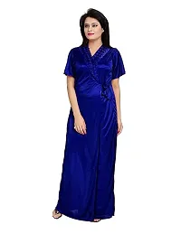 Womens solid Satin nighty set of 4 piece (Blue)-thumb2