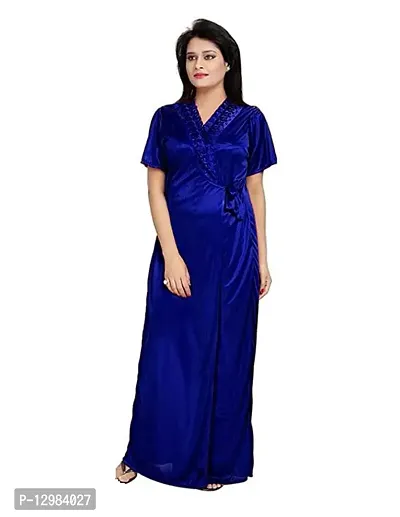 Womens solid Satin nighty set of 4 piece (Blue)-thumb3