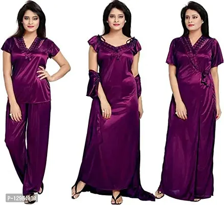 Womens solid Satin nighty set of 4 piece (Purple)