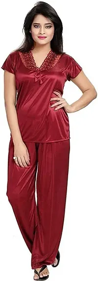 Womens solid Satin nighty set of 4 piece (Maroon)-thumb1