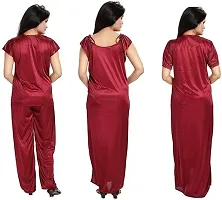 Womens solid Satin nighty set of 4 piece (Maroon)-thumb2