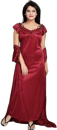 Womens solid Satin nighty set of 4 piece (Maroon)-thumb3